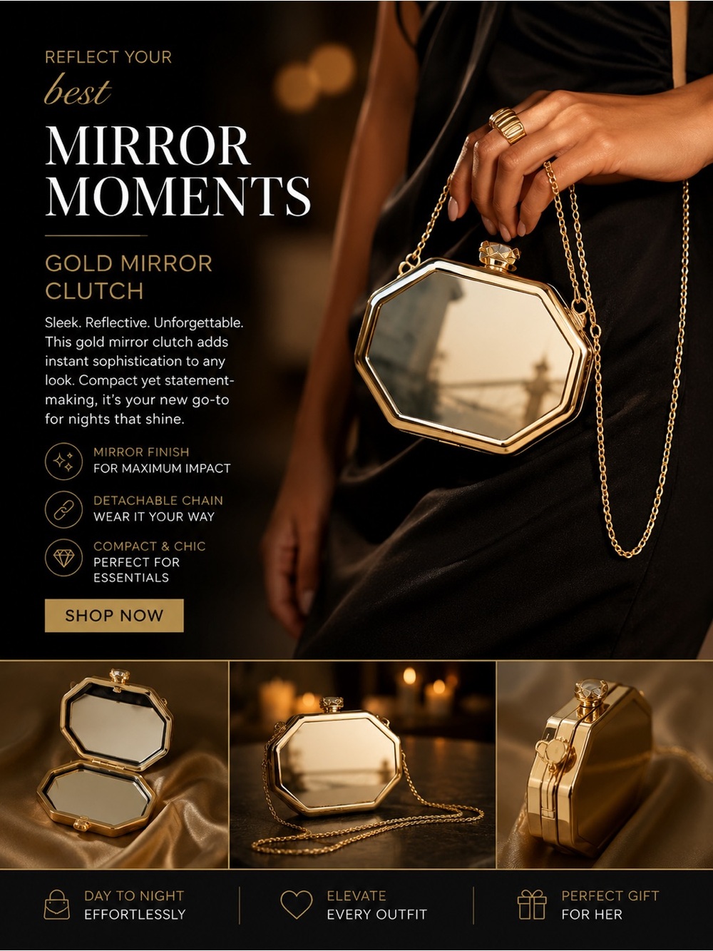 Gold Mirror Octagon Clutch with Chain Strap